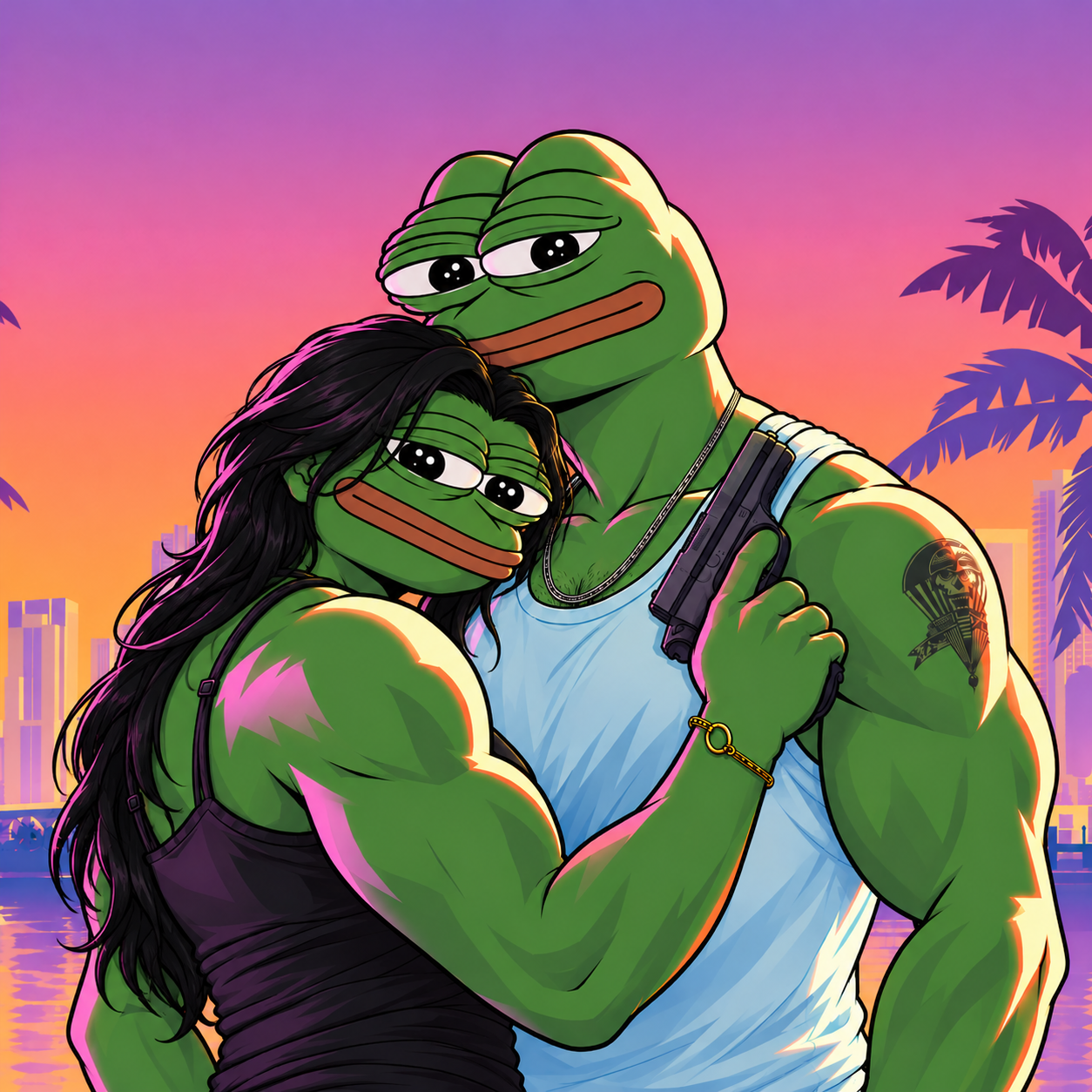Two Pepe frogs together against a Miami sunset