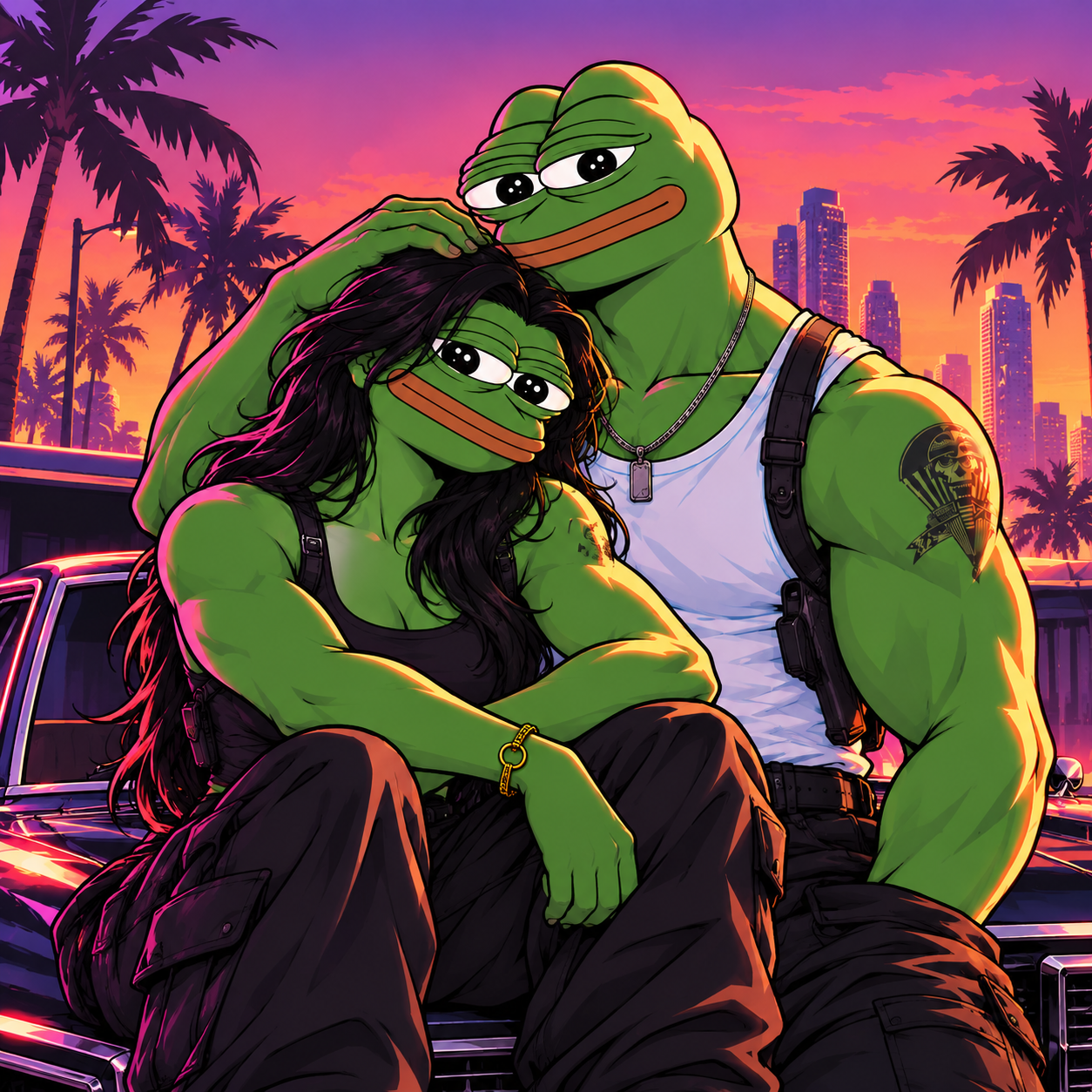 Pepe City couple beside a car at sunset